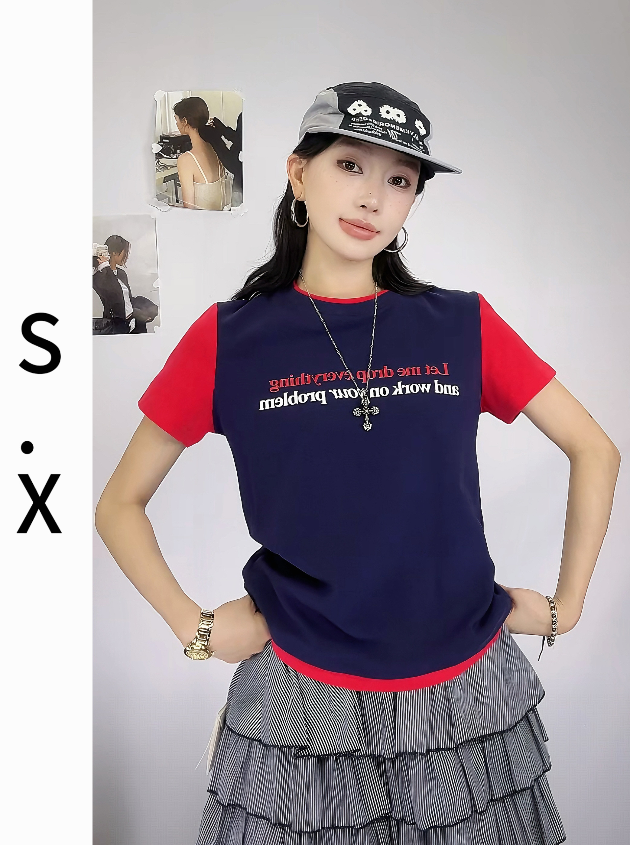 S.X 2025夏新款短袖T恤撞色字母印花修身设计感短款