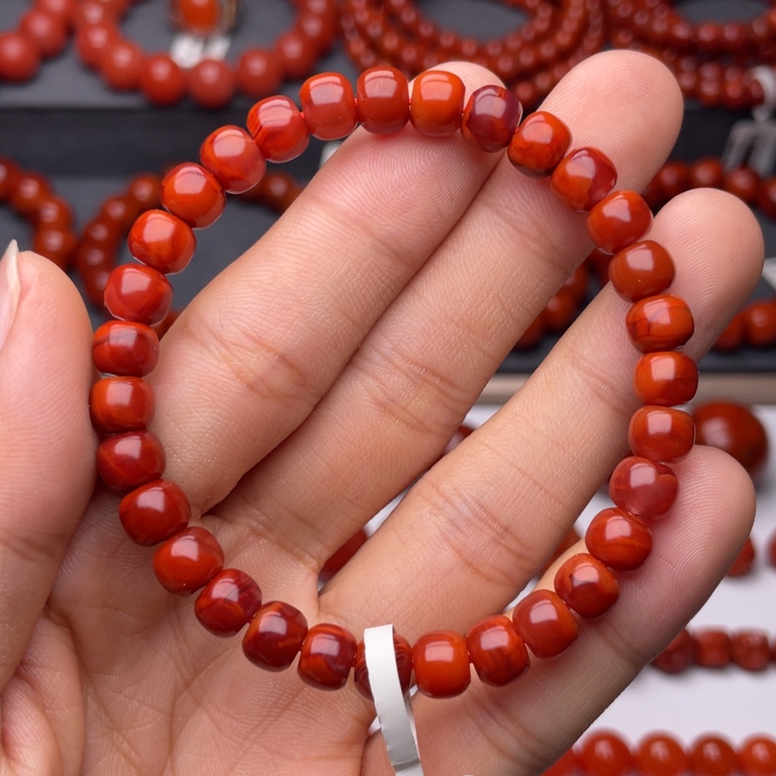 南红玛瑙未镶嵌手串H7mm收藏满肉牛血火焰老型手串