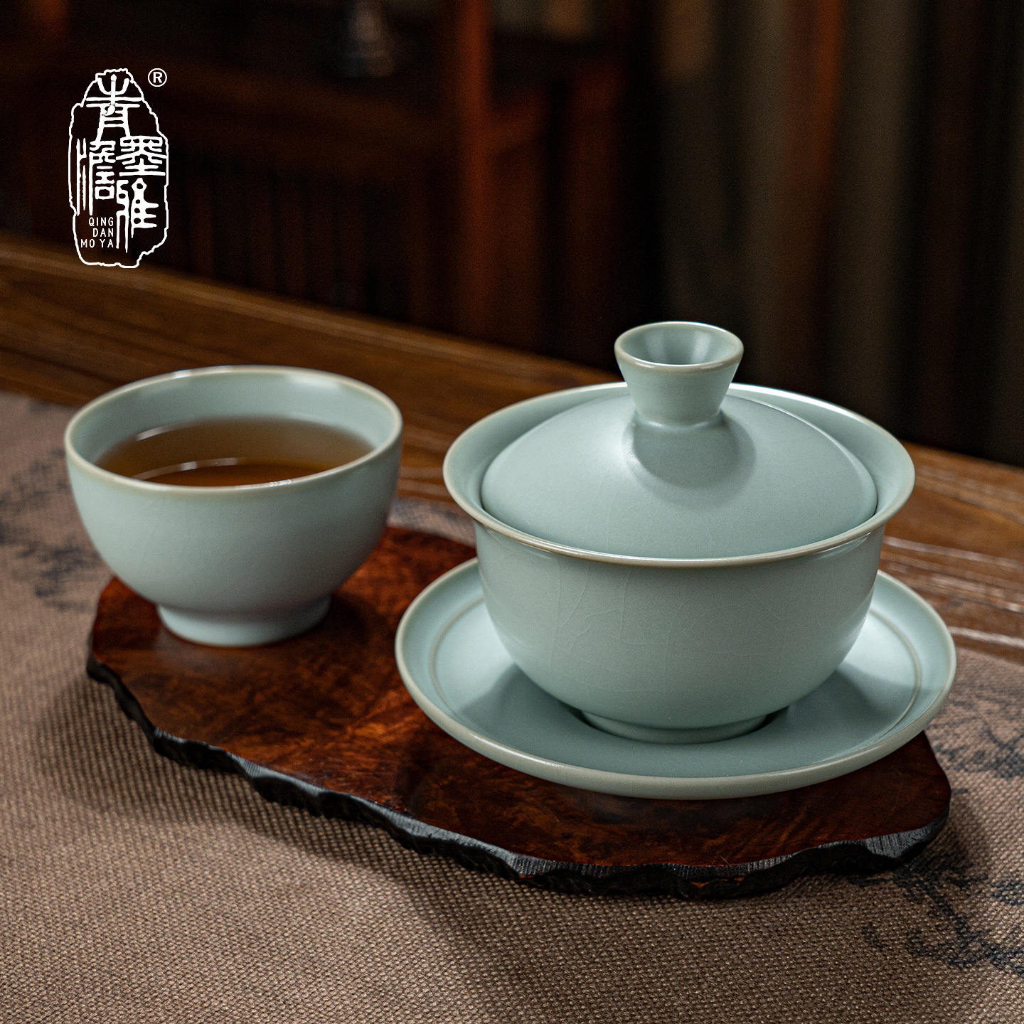 青澹墨雅汝窑停云月华茶组景德镇陶瓷三才盖碗茶杯组合天青色