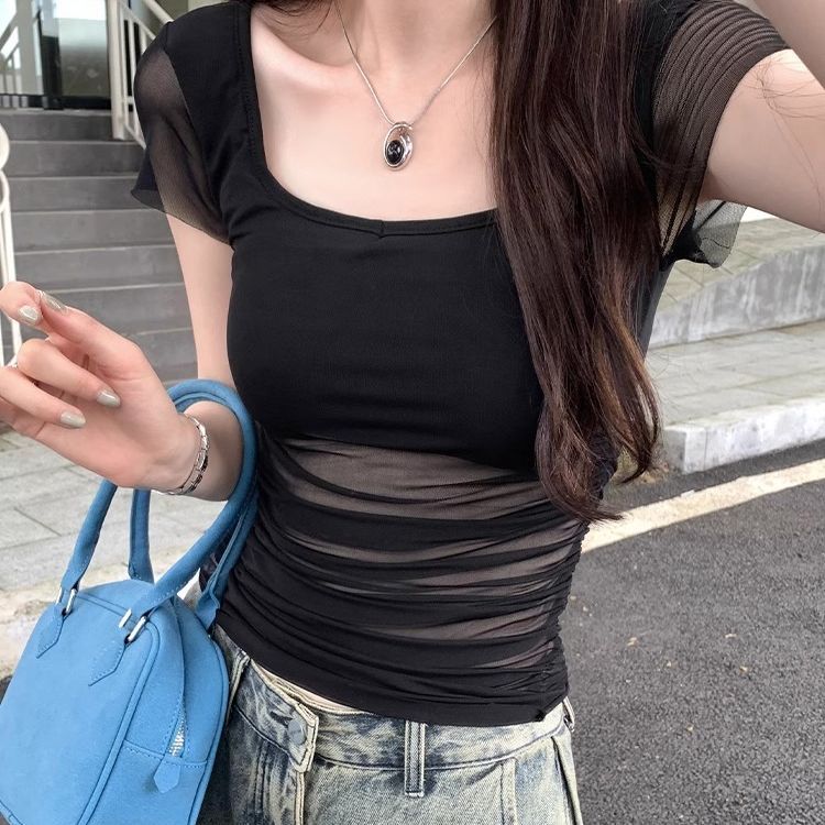 美曦家*黑色性感辣妹网纱拼接方领短袖T恤女夏季正肩显瘦不撞款