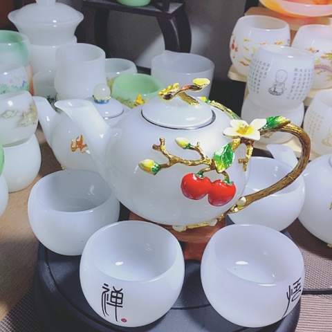 羊脂玉瓷琉璃中式珐琅彩事事如意一壶六杯礼盒套装