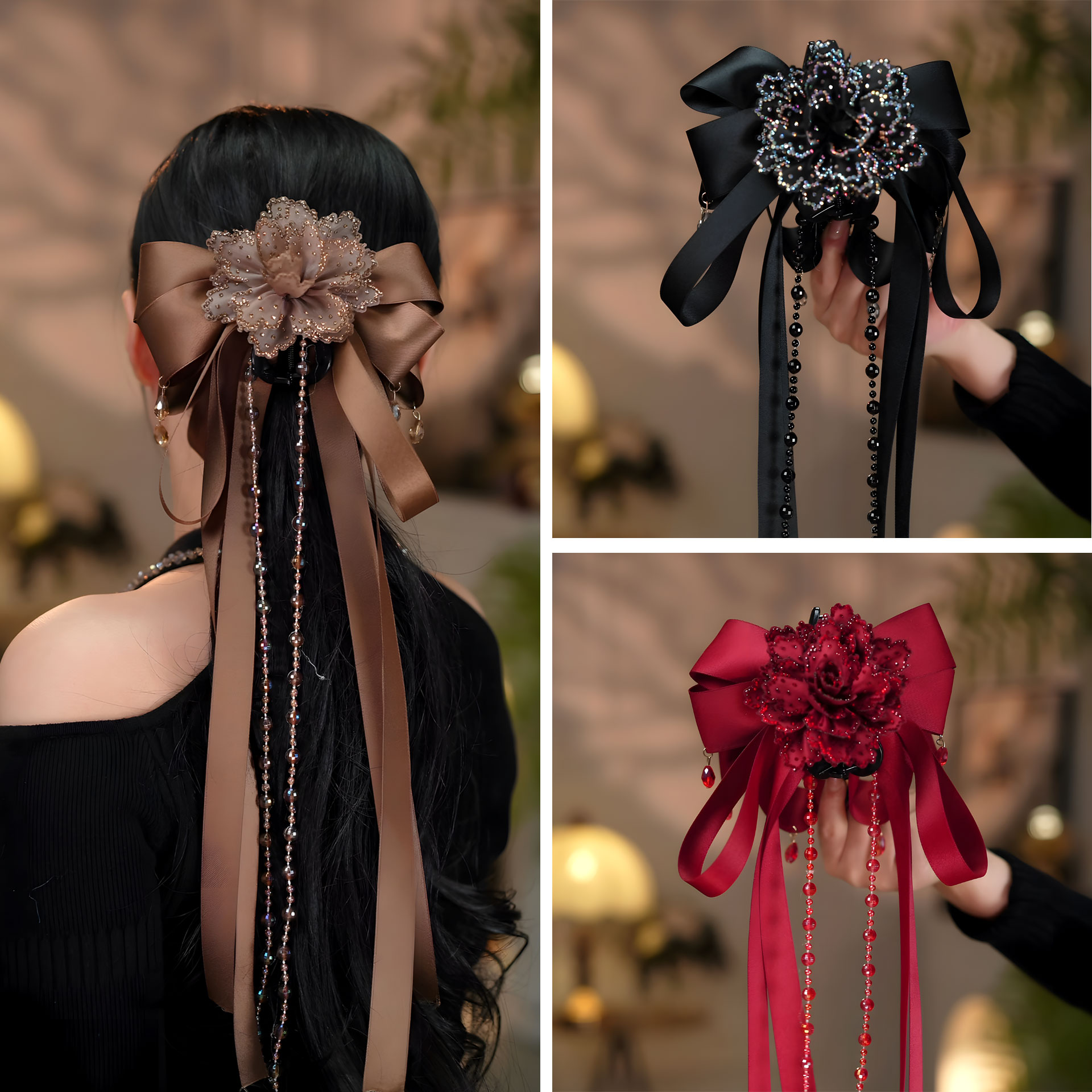 轻奢织带蝴蝶结飘带水晶花朵抓夹复古简约古风优雅鲨鱼夹头饰发夹