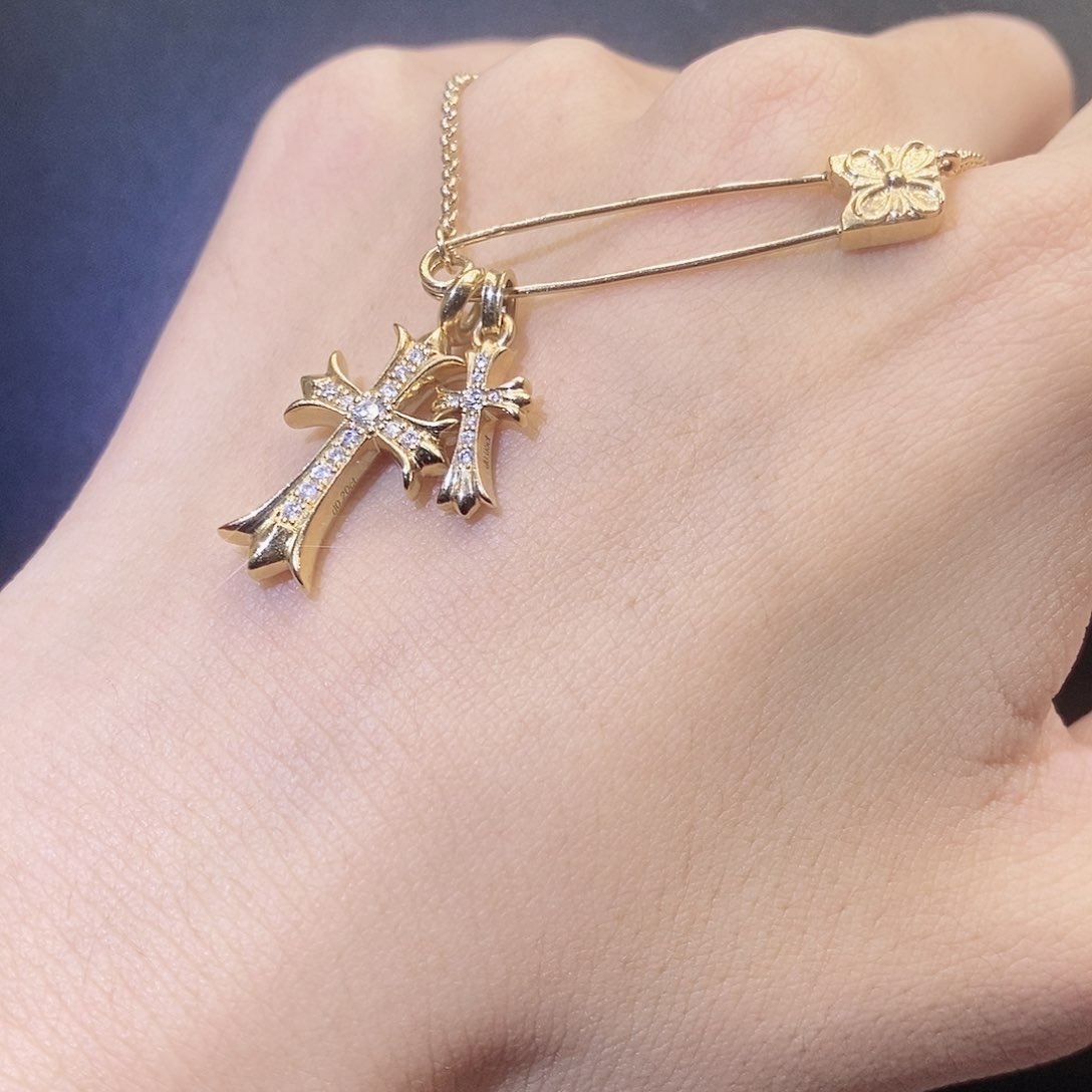 钻石项链18K金镶嵌别针双十字架K黄