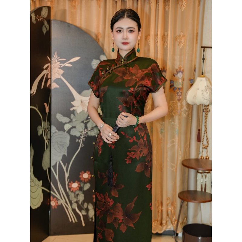 娜娜专属【绿意】靓影儿原创桑蚕丝香云纱重缎皮子花色古法气质旗袍