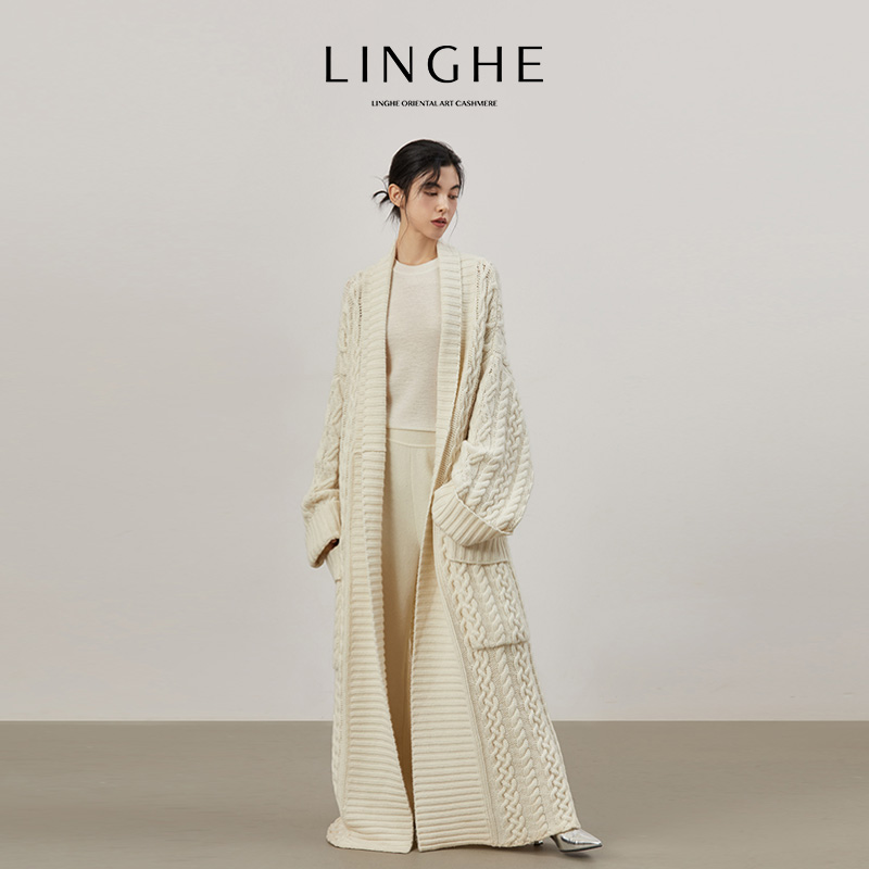 翎禾LINGHE-「石间」秋冬款气质重工圆领百搭羊绒绞花针织开衫外套