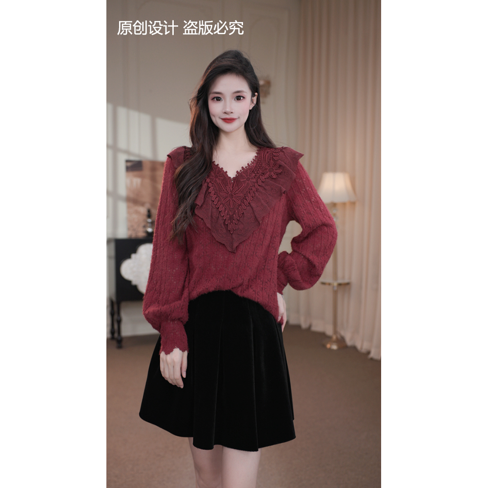 旷宁宁·古早蔷薇·秋冬装女士红色设计感时尚小衫上衣女装-91330