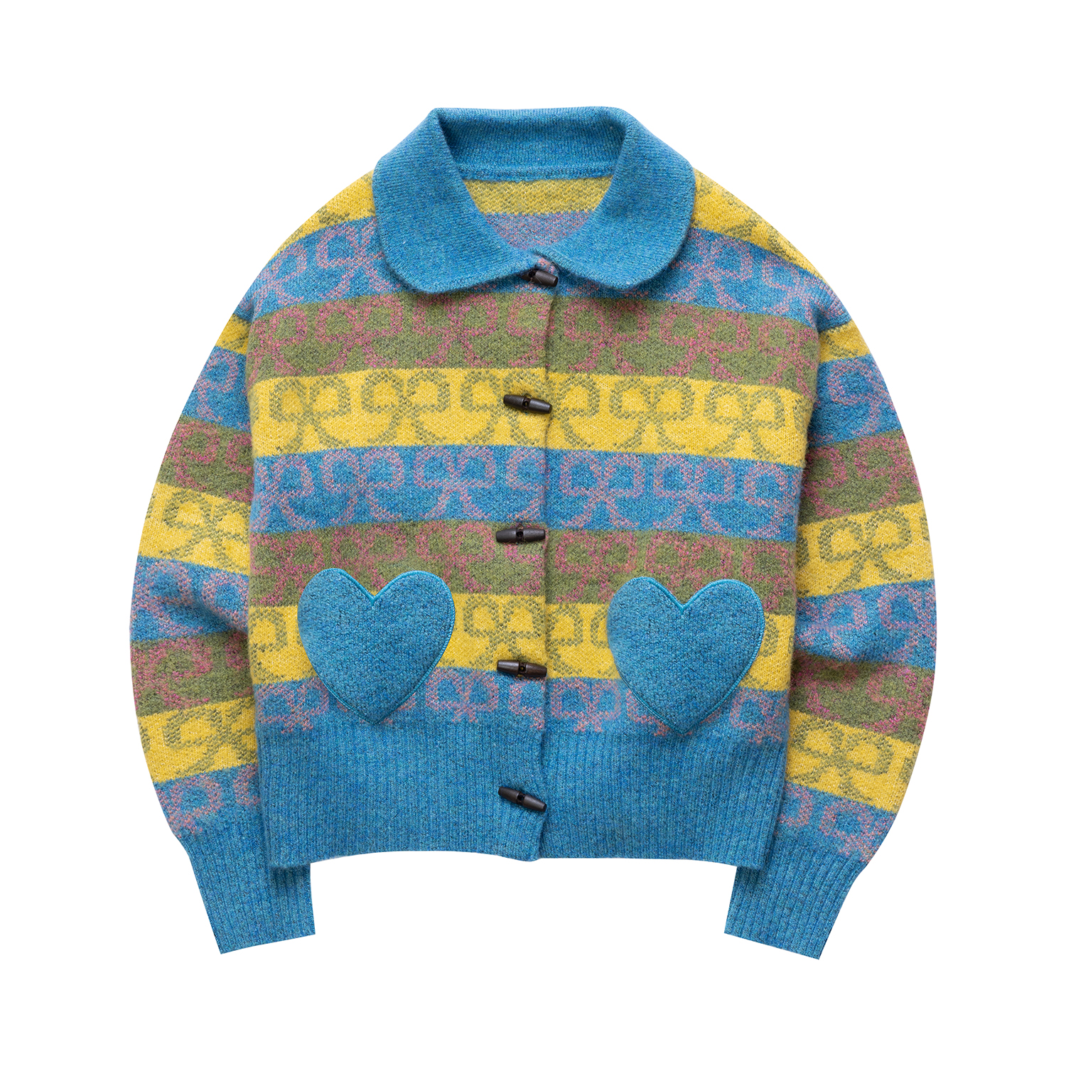 NECY 原创撞色蝴蝶结提花毛衣秋冬爱心设计牛角扣针织衫保暖上衣