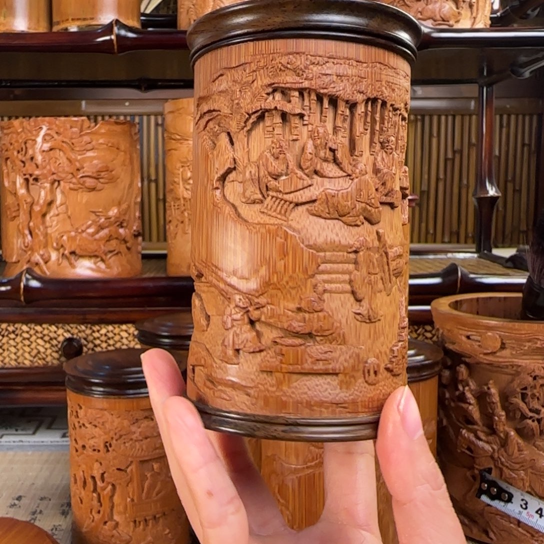 云***1手工竹雕五老图茶叶罐