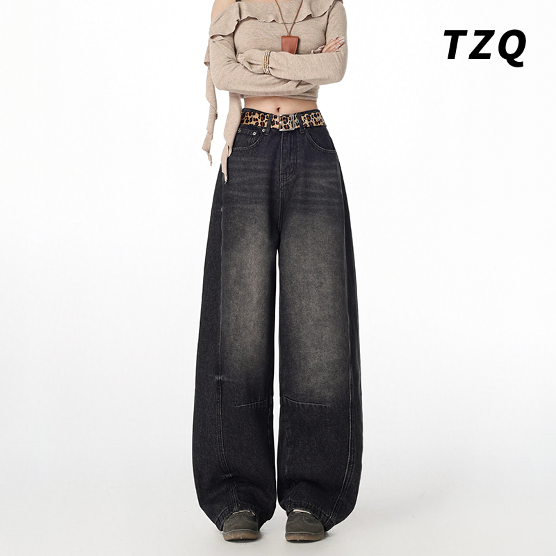 黑灰色美式水洗弯刀牛仔裤女2025春季高腰宽松阔腿裤子TZQ2520822