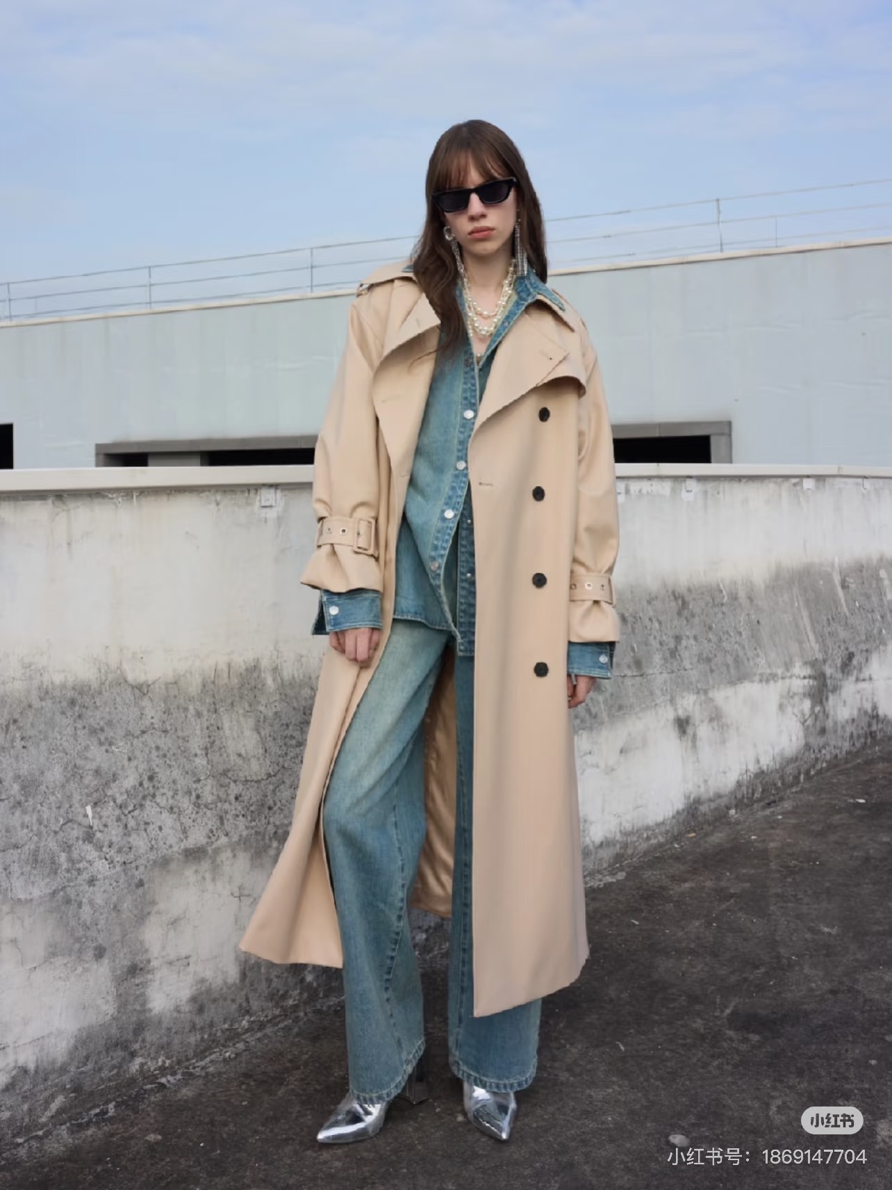 QINGMU/轻慕月牙印花牛仔衬衣外套