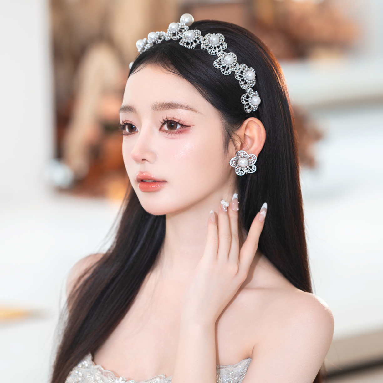 合金仿珍珠婚庆饰品 韩式轻奢水钻珍珠发箍套装减龄百搭