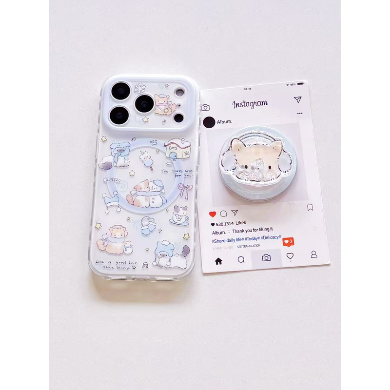 可爱蓝色耳机猫咪摇摇乐磁吸支架iphone17promax苹果磨砂手机壳