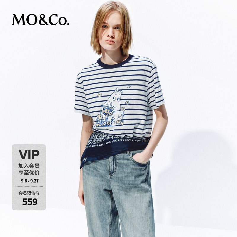 【姆明系列】MOCO条纹T恤2026夏新品新疆棉白墨印花MBF2TEE030