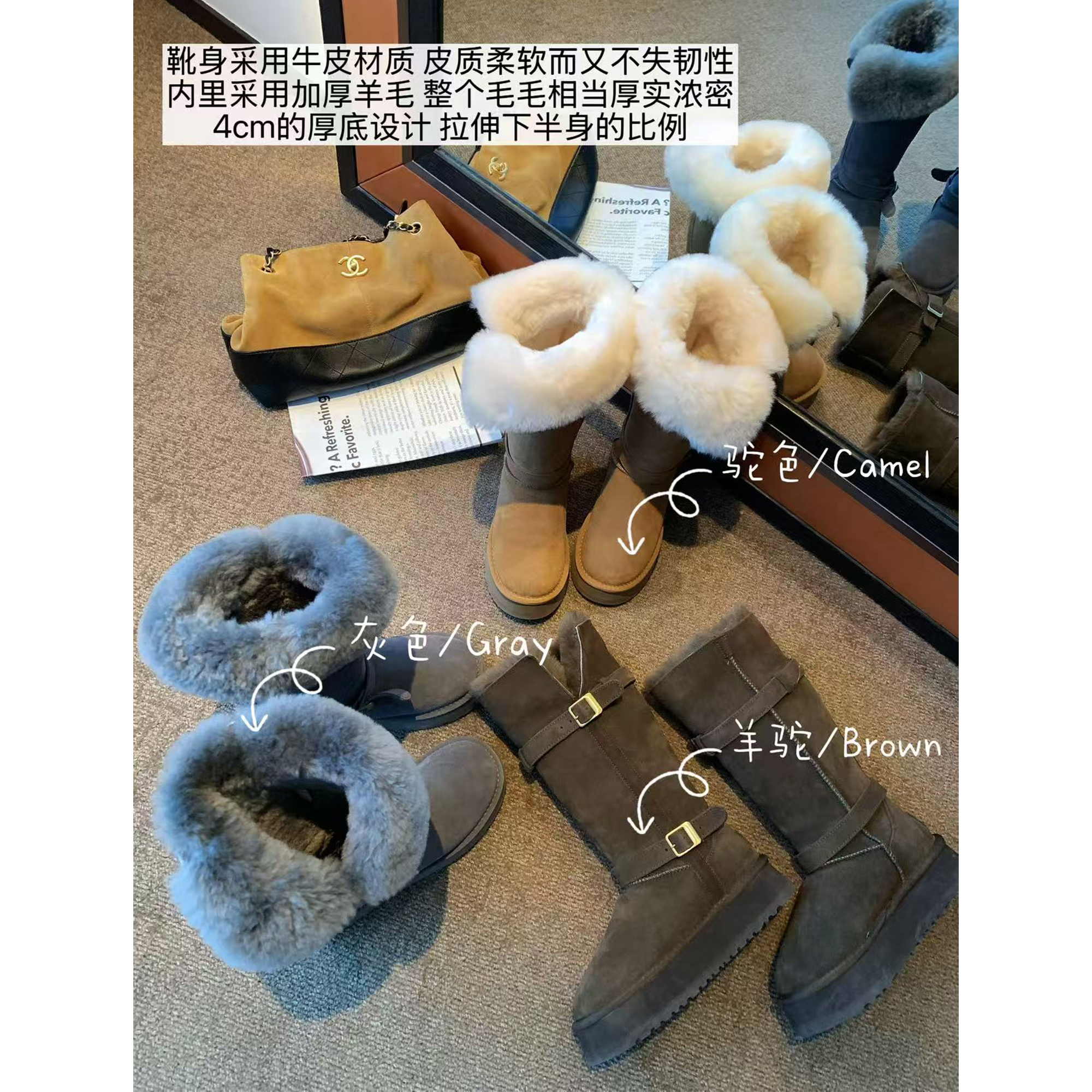 赵辰晨 皮带扣高筒雪地靴女冬加绒加厚长筒靴两穿增高真皮骑士靴