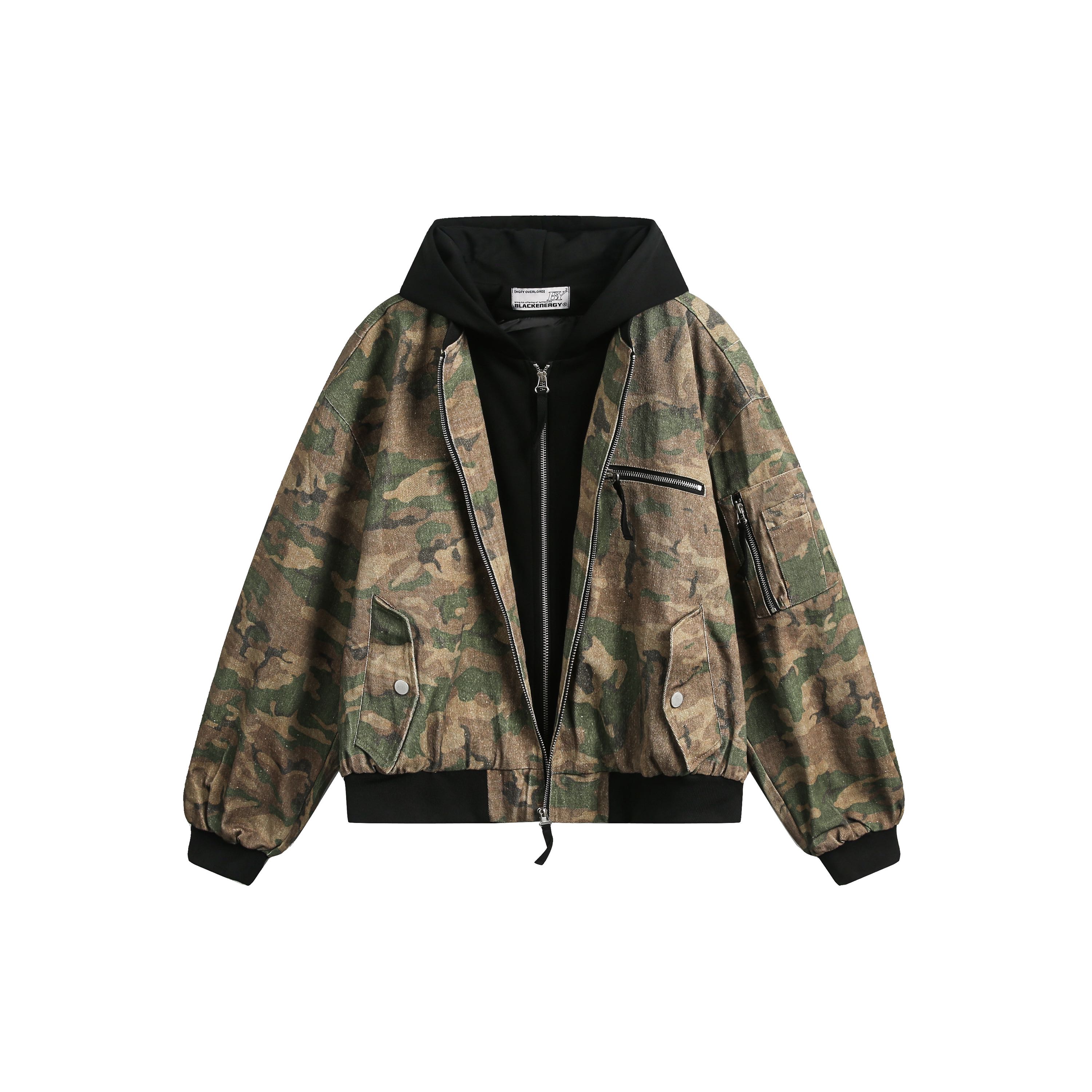 麻瓜兄弟美式复古假两件拼接飞行夹克男春季设计感迷彩连帽外套