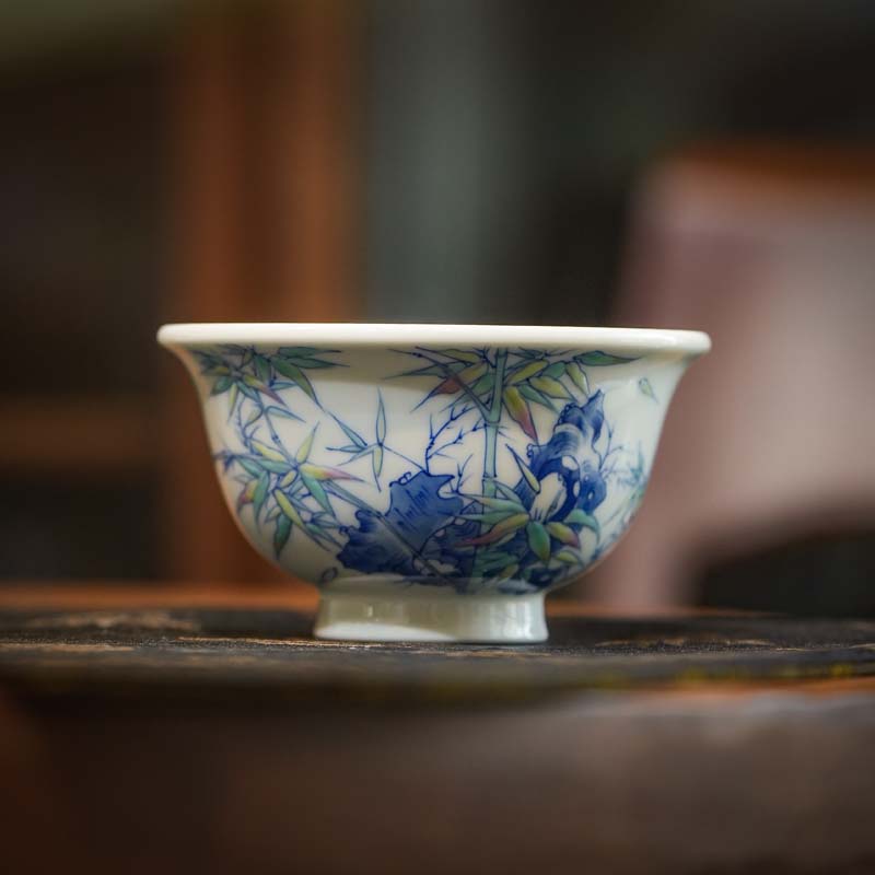 斗彩翠竹杯子-2，青花斗彩竹石纹盖碗泡茶器