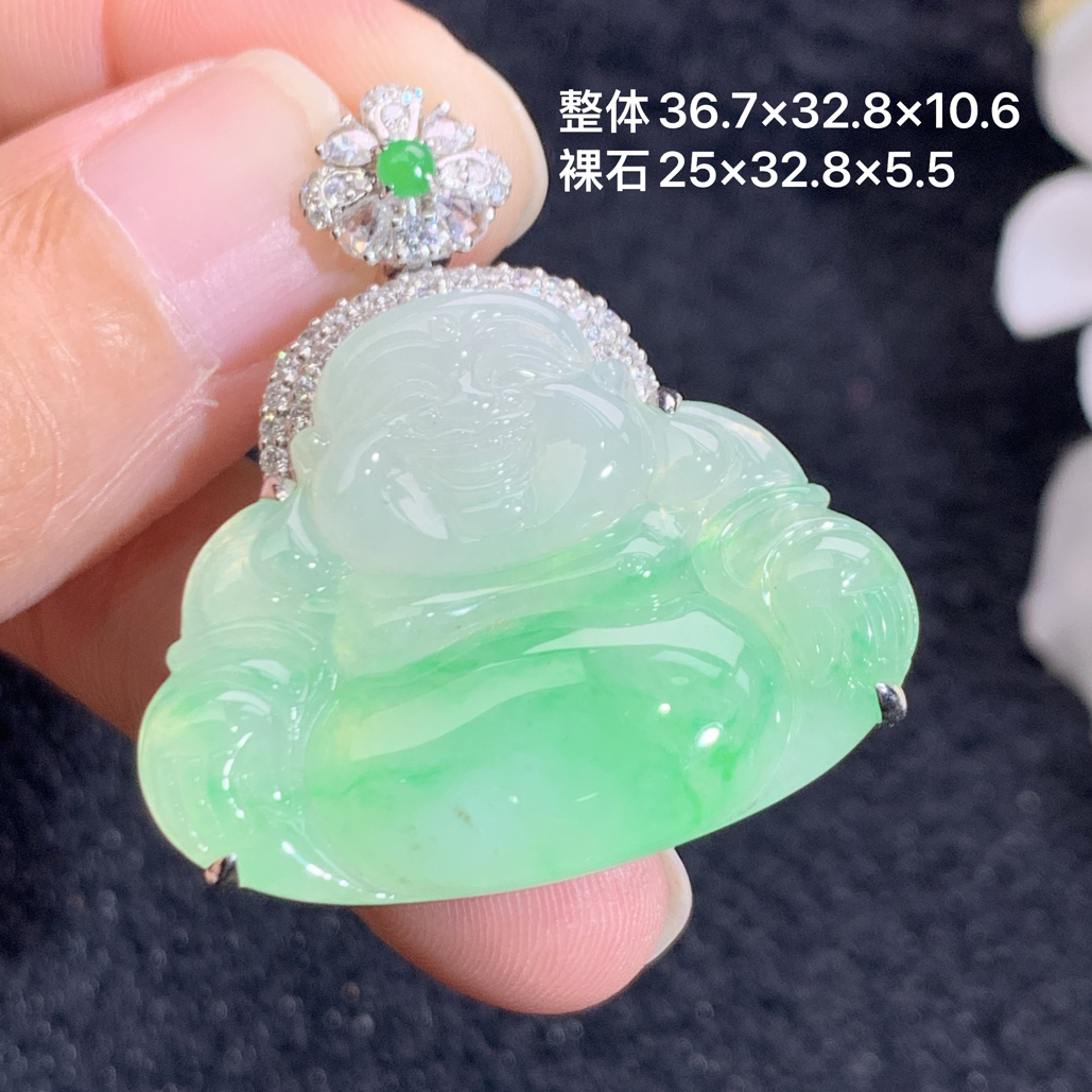 18k金镶嵌天然缅甸翡翠阳绿佛公吊坠36.7×32.8×10.6/25×32.8×5.5