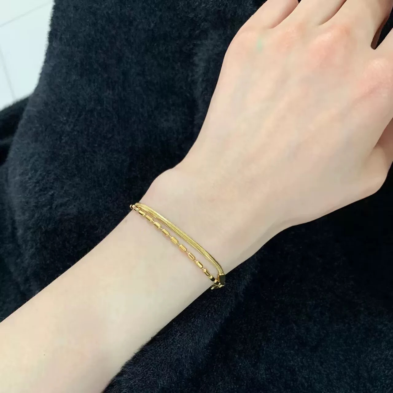 钛钢手链 简约双层蛇骨珠链复古手链女高级百搭小众设计感潮