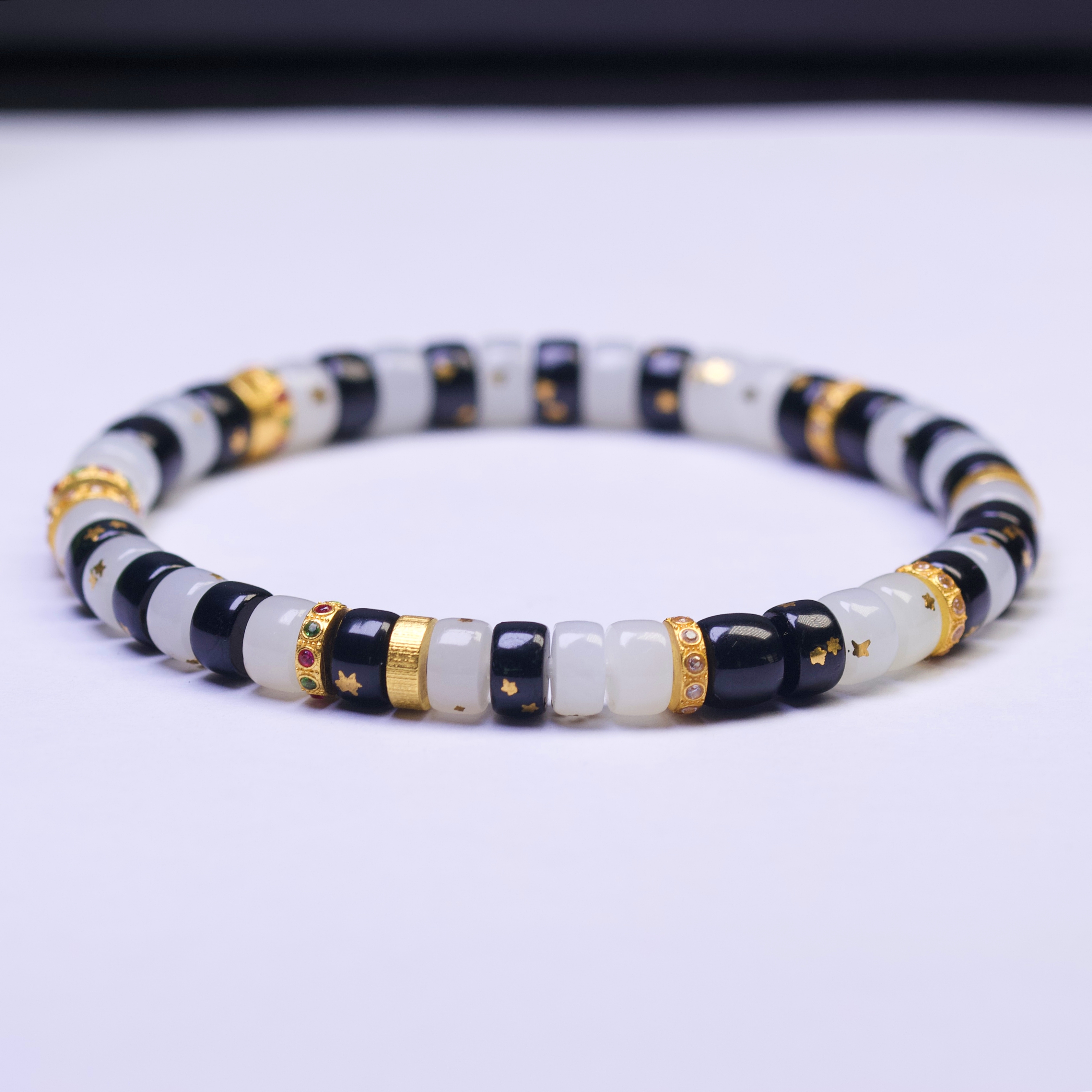 【左遇】和田玉6mm黑青白玉药片手串银环蛇错金挫金羊脂繁星繁花