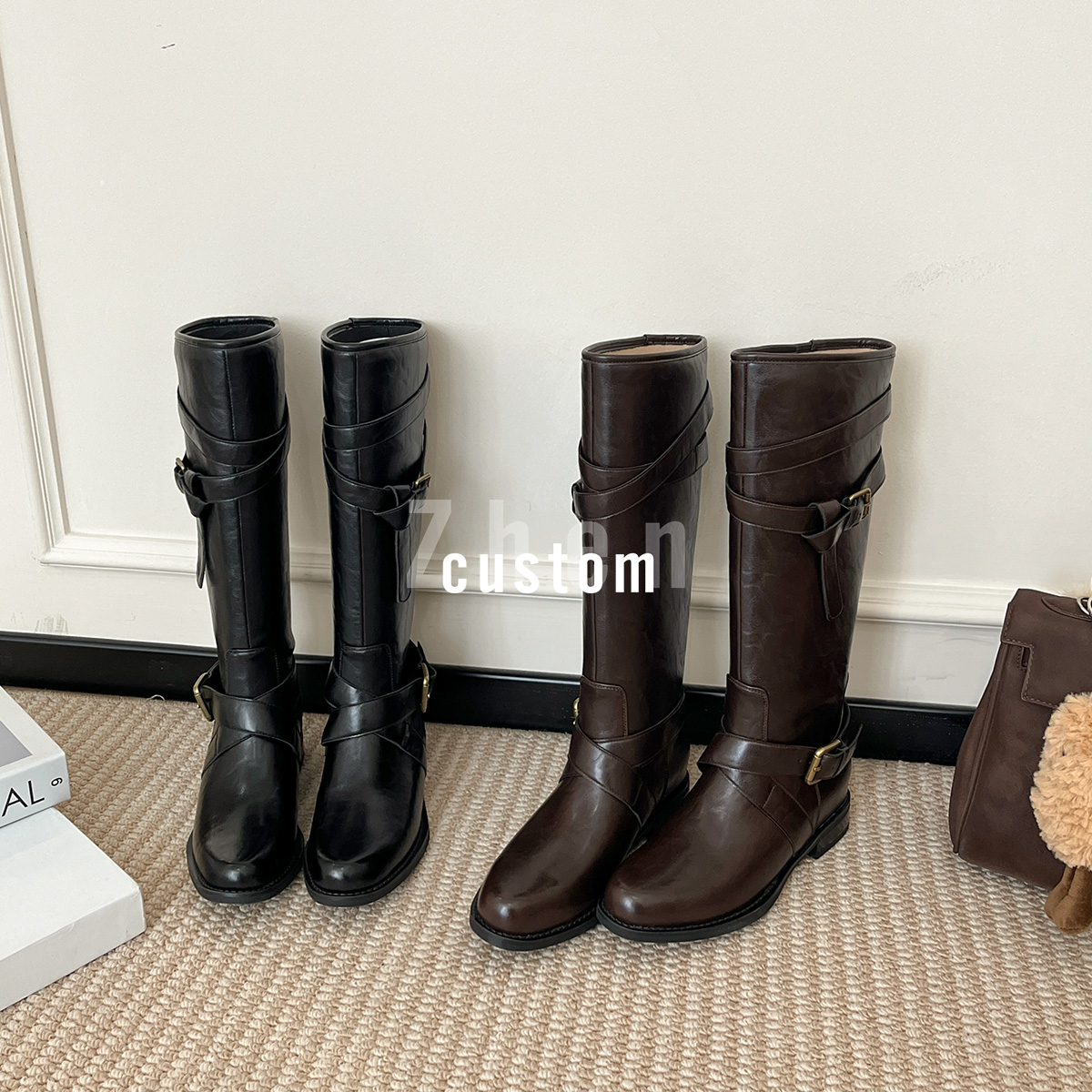 ZZ【乌玉】膝下靴2.5cm（36.5cm筒高）厚底显瘦扣带复古百搭骑士靴