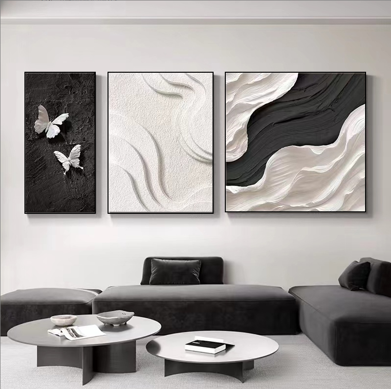 现代简约客厅装饰画黑白灰抽象蝴蝶三联壁画高级感沙发背景墙挂画