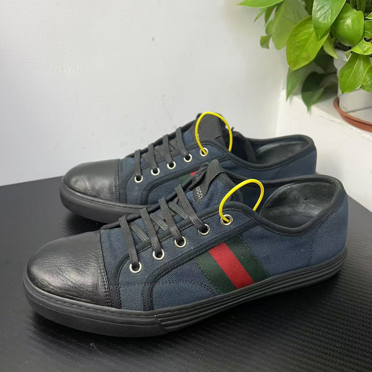 95新 GUCCI/古驰 42欧码红绿织带藏蓝帆布经典板鞋无配件成色自定