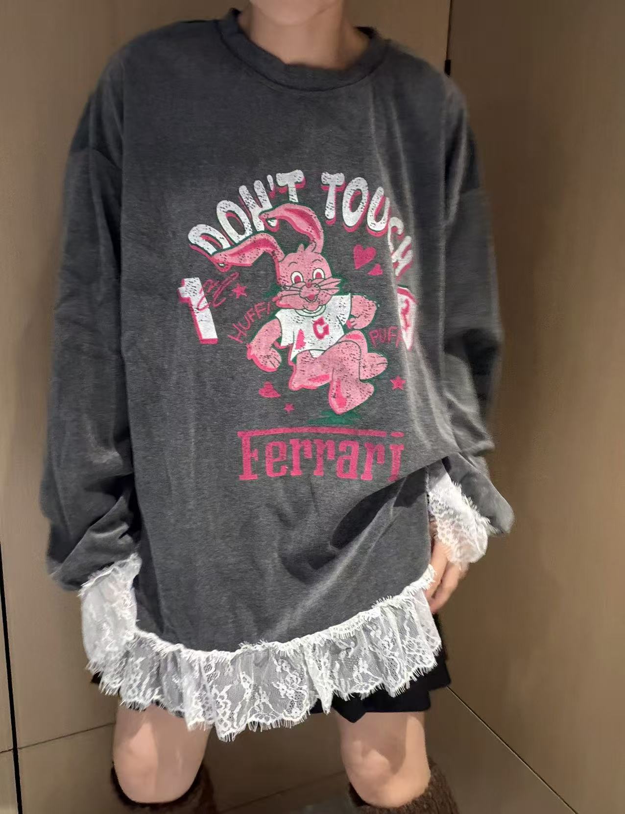 韩版秋季新款兔子蕾丝花边上衣打底衫女t恤