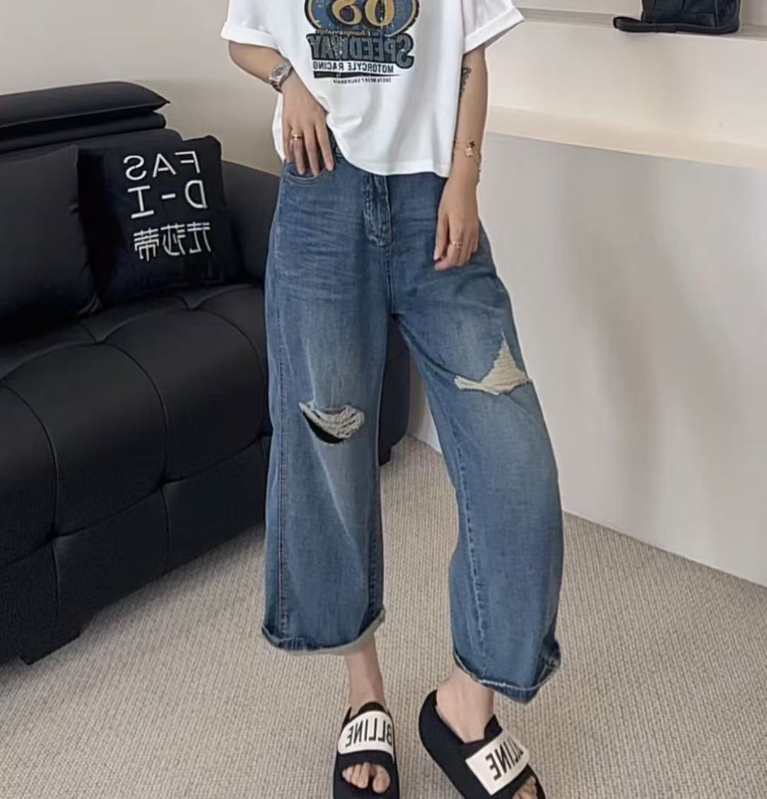 【郁儿严选】2695夏季新款宽松显瘦百搭休闲破洞松弛感阔腿直筒裤