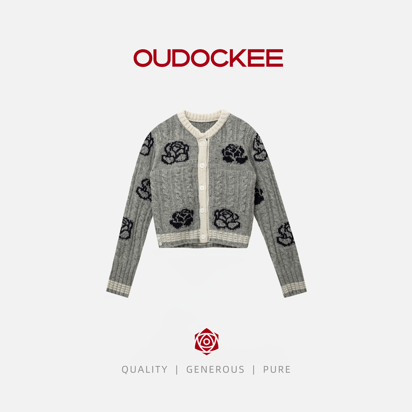 OUDOCKEE 鸥鸥 【绵羊毛】山茶花 玫瑰刺绣针织羊毛开衫 M2503G543T