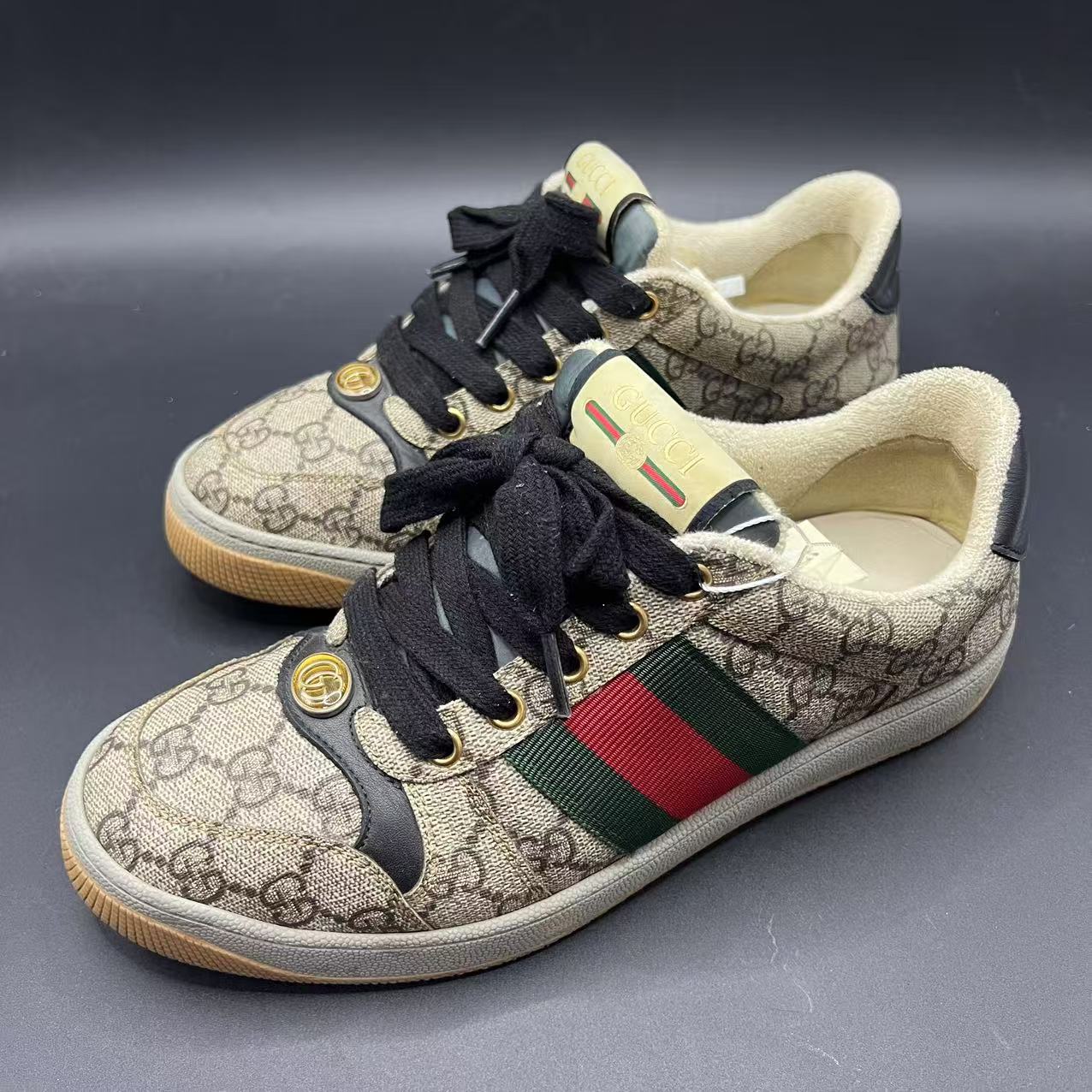 95新 GUCCI/古驰 经典老花乌木黑脏脏鞋39码 lb324