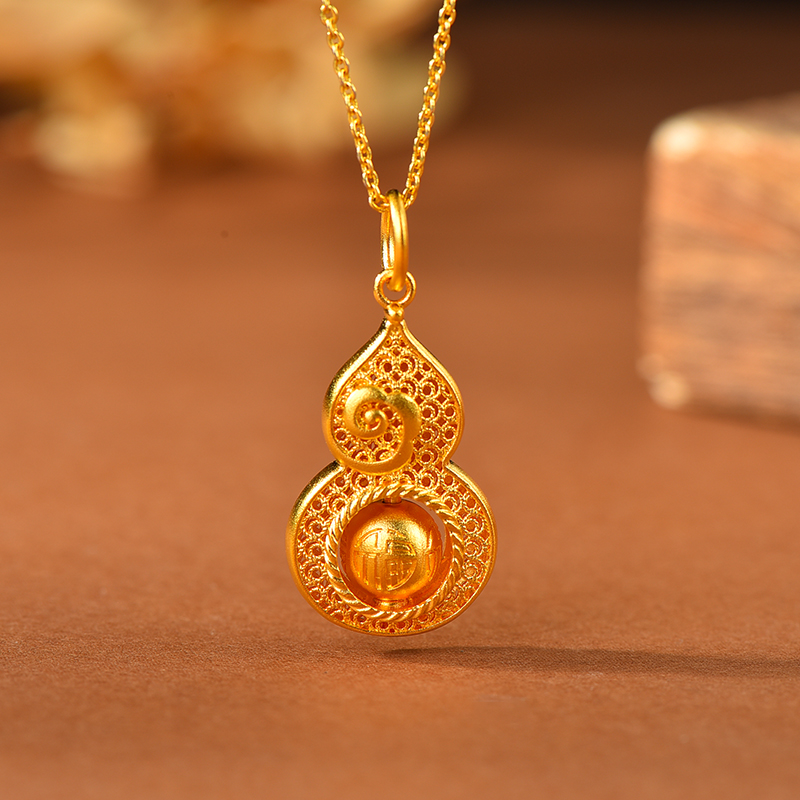 吊坠足银 【淞湃】足银吊坠 金色时尚女款祥云福字葫芦吊坠