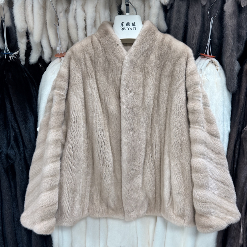 进口水貂短二小母貂机开分刀款浅米黄本色时尚温柔气质冬季女外套