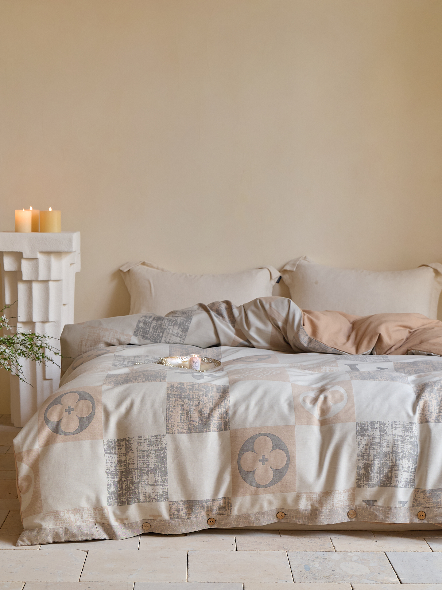 高定色织大提花椰壳扣编织棉麻被套单双人加厚 老花