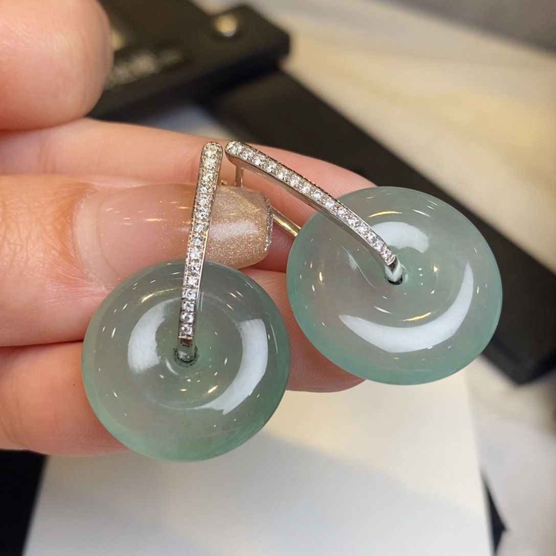 翡翠耳饰18K金镶嵌平安扣