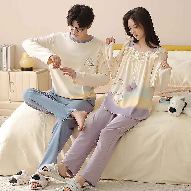 100%纯棉情侣睡衣女秋季卡通韩版女士长袖睡衣家居服休闲全棉套装