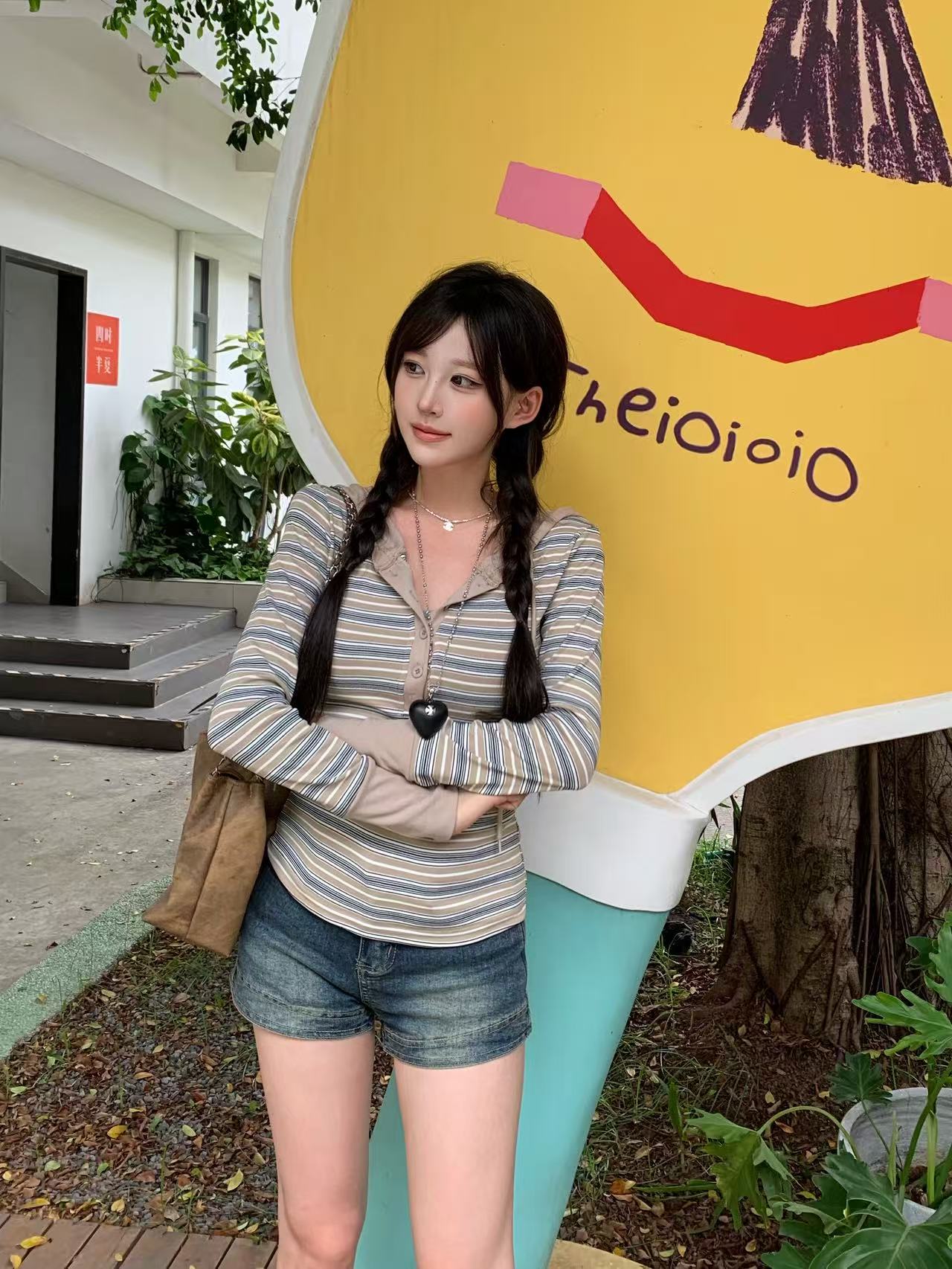 简约美式韩系辣妹修身显身材 半开扣条纹连帽卫衣收腰长袖上衣