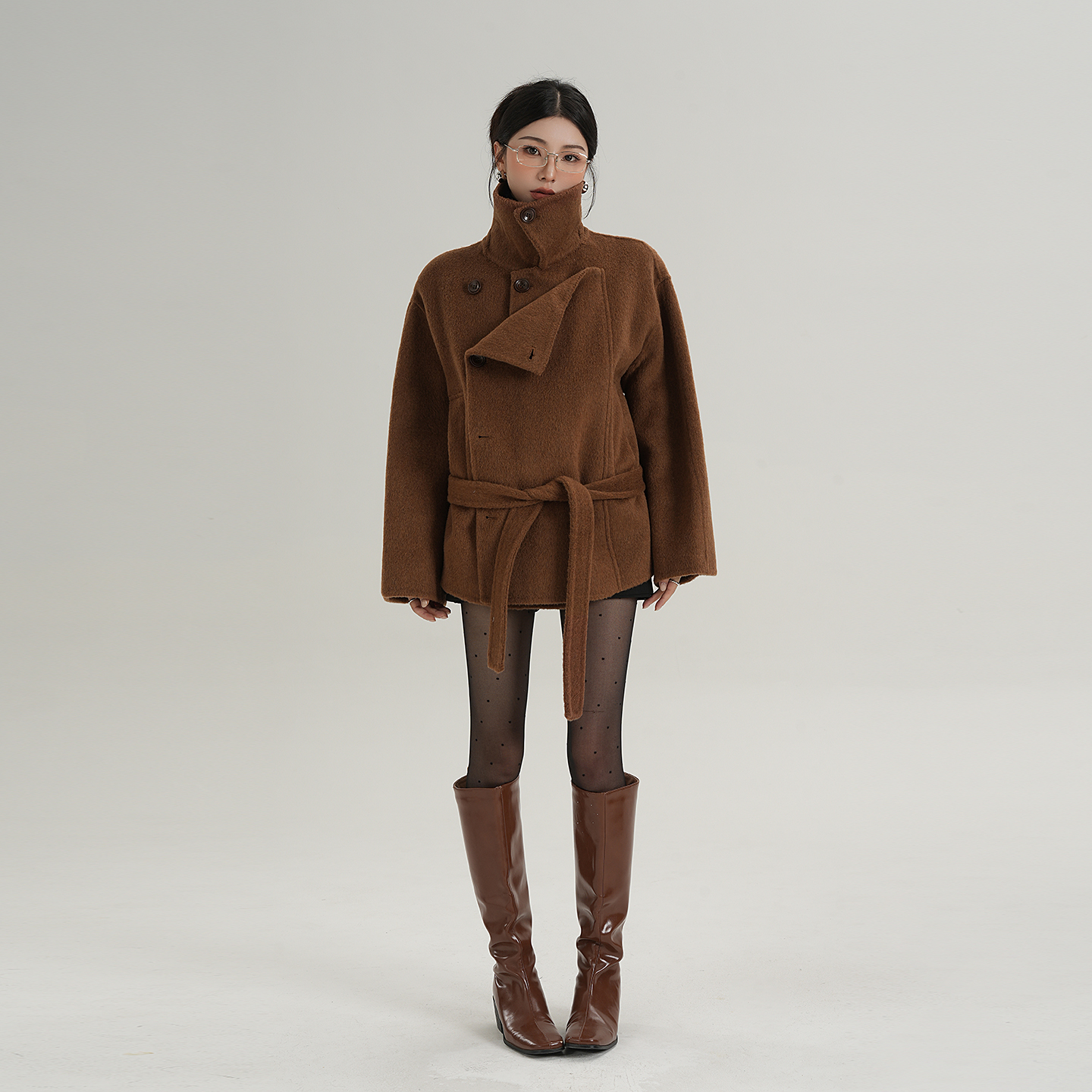 SRYS AME气质设计短款高腰毛呢外套双面呢子羊毛大衣秋冬季新款女