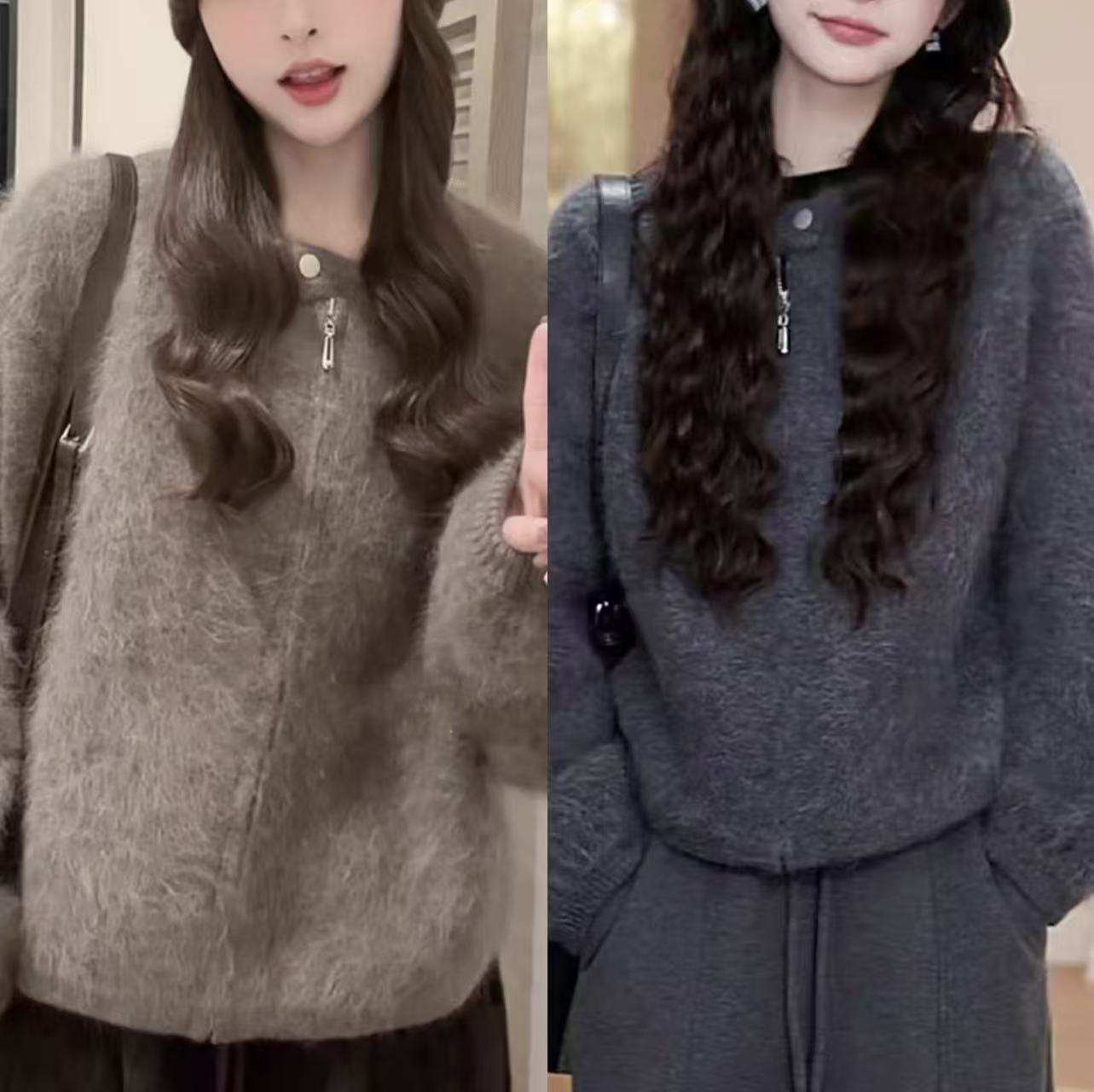 高级灰慵懒风复古拉链毛衣外套女秋冬季韩版时尚休闲羊毛针织开衫