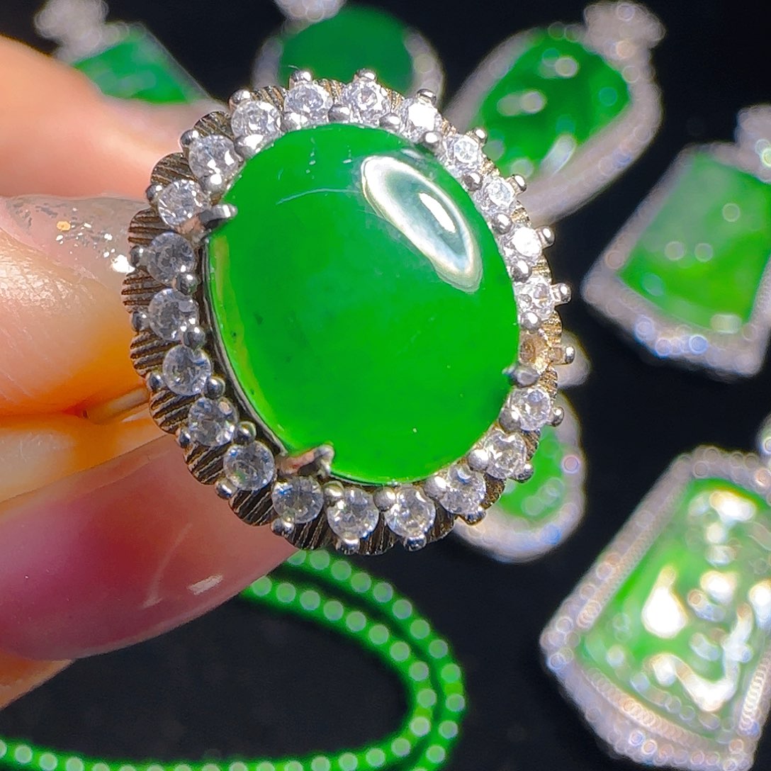 翡翠戒指银S925镶嵌天然