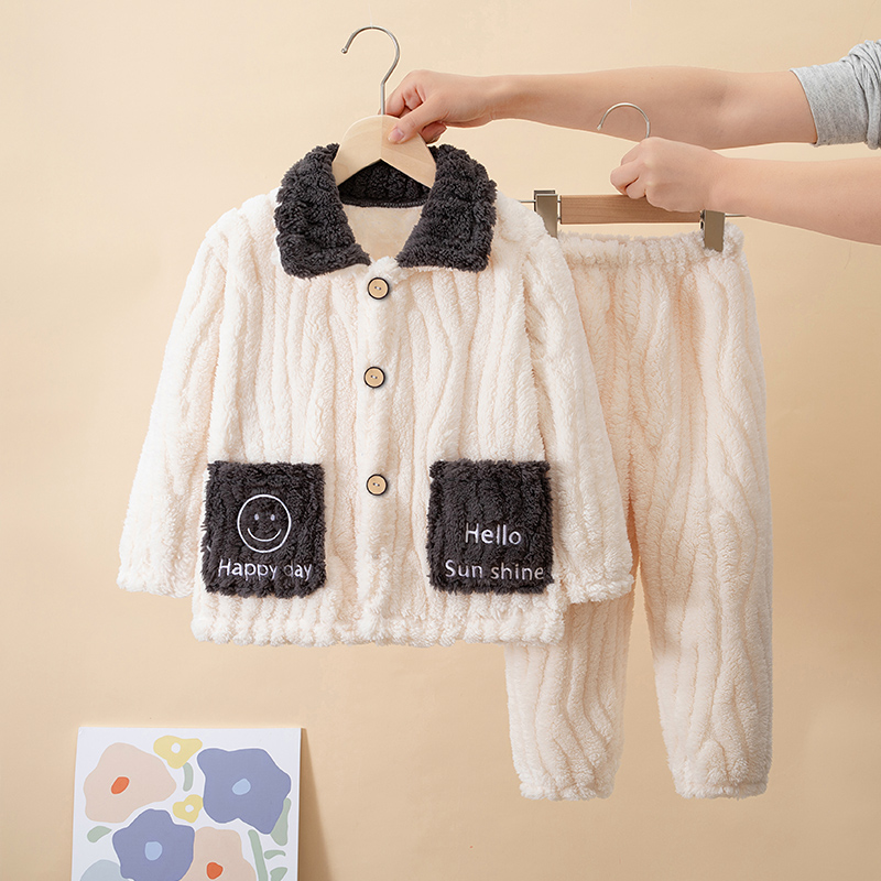 秋冬款保暖舒适儿童法兰绒加厚睡衣男女童中大童休闲风家居服套装