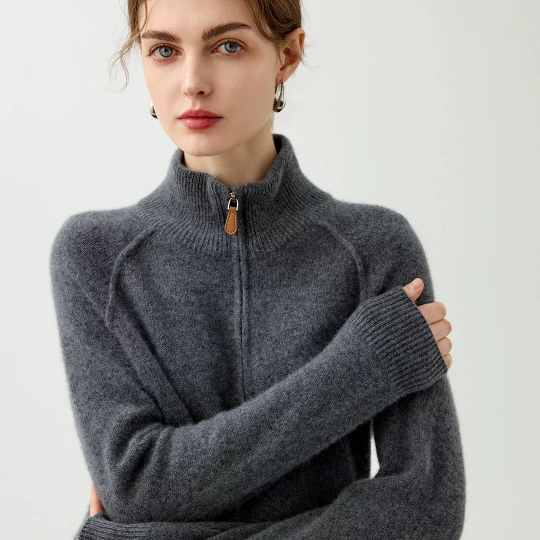 高端系列100纯山羊绒衫老钱风半拉链开领打底毛衣针织衫半高领