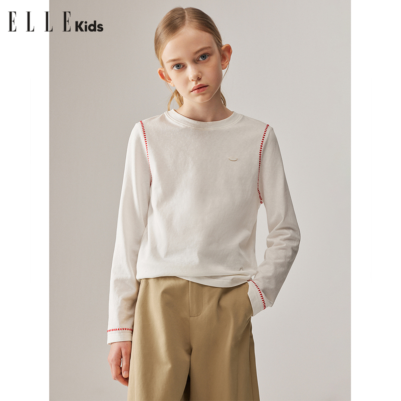 ELLE KIDS 撞色缝绣长袖T恤女儿童秋季新款法式经典学院风上衣F1