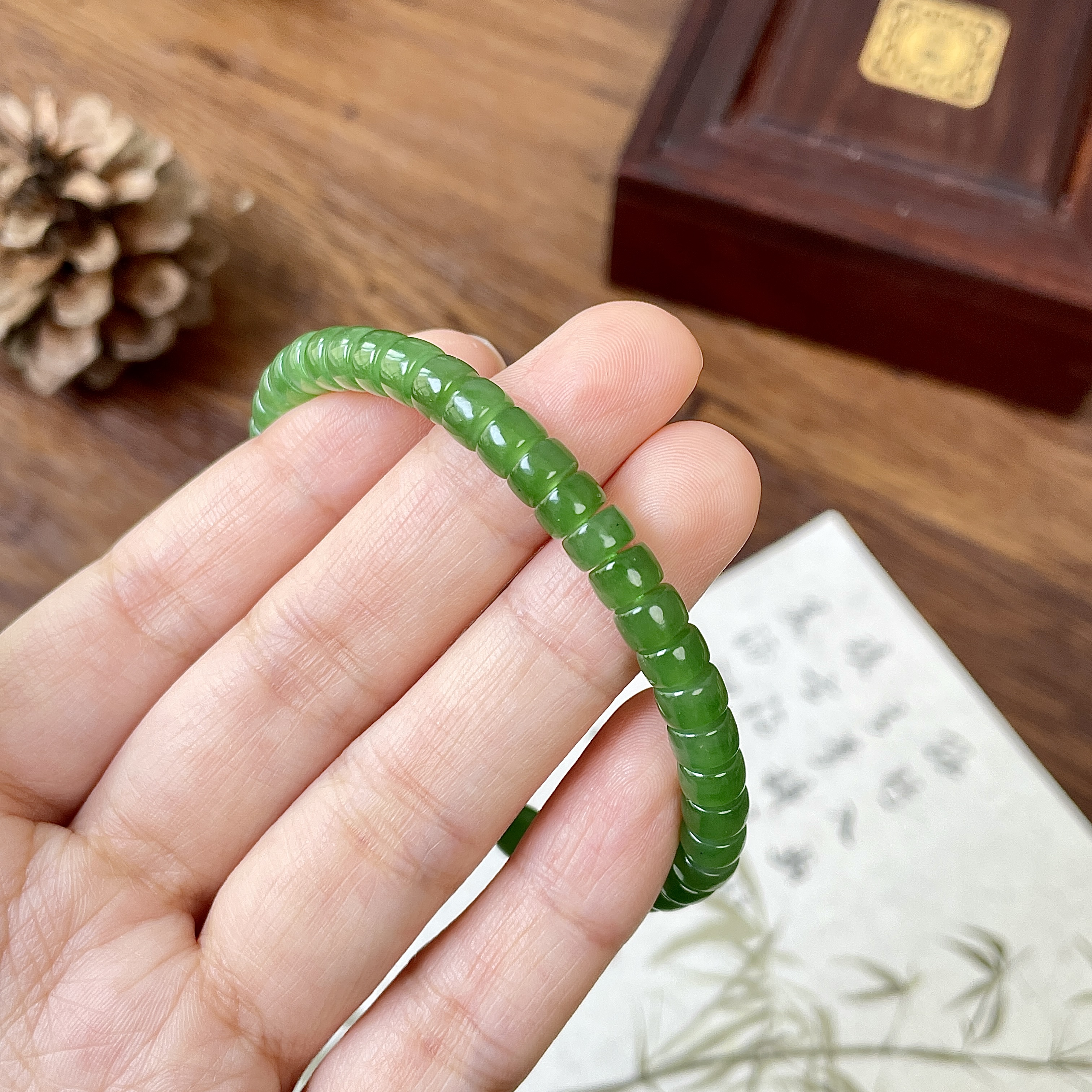 【直切手串】和田玉碧玉药片珠手串阳绿翠色直切单圈清新文艺风饰品