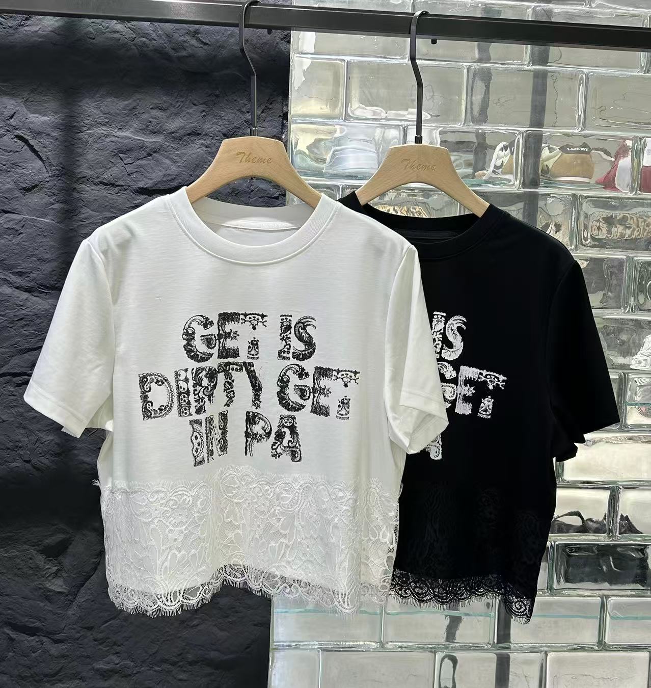 8959-3622 蕾丝下摆字母短袖T恤