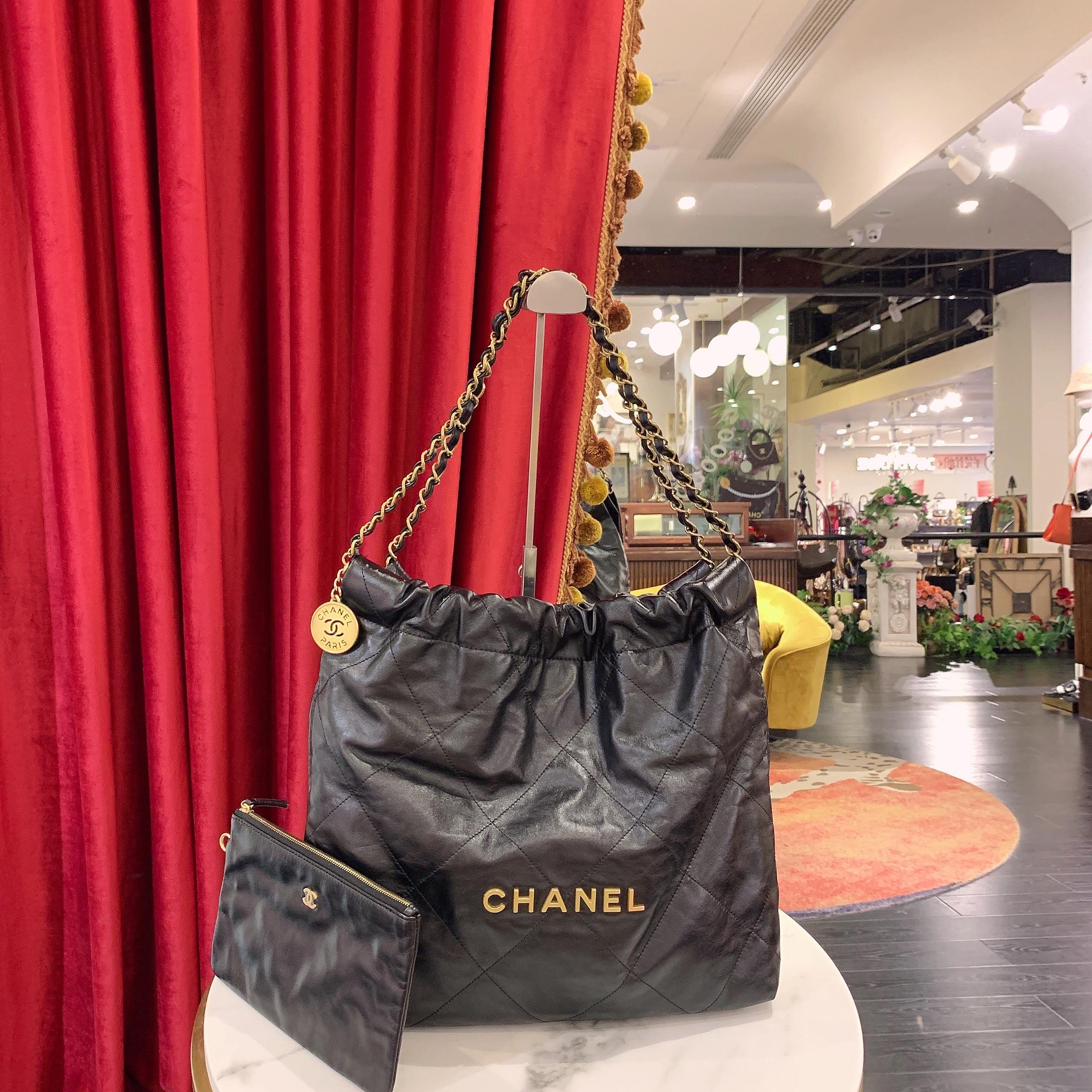 95新 Chanel/香奈儿 GGS22bag垃圾袋中号黑金牛皮芯片款/35549906