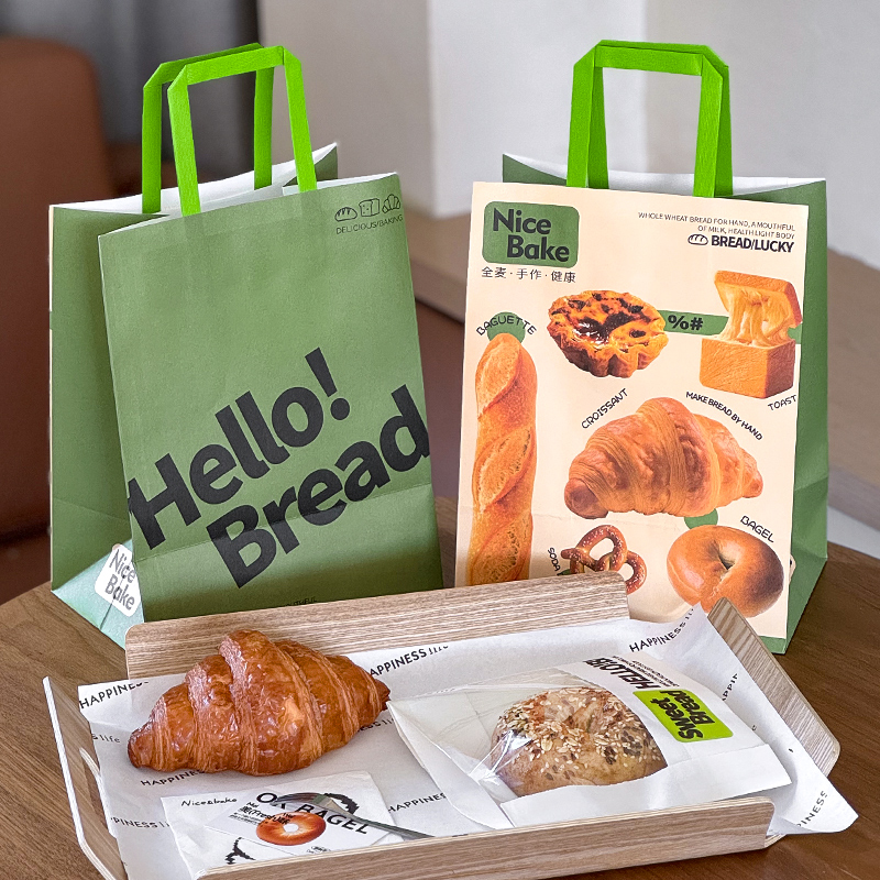 简约英文开窗面包手提袋法棍毛毛虫面包烘焙打包袋开窗防油纸袋子