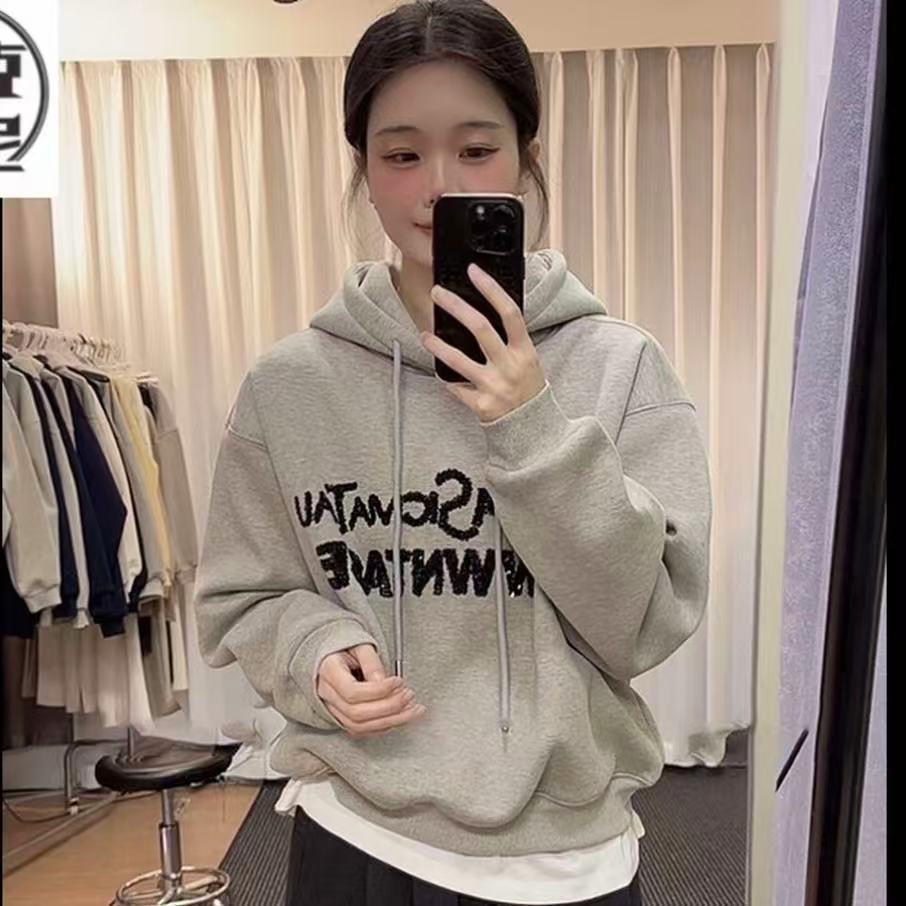 C325亮片字母冬季百搭韩风加绒加厚连帽卫衣百搭显瘦