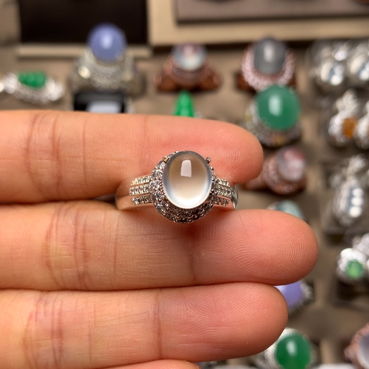 翡翠合金戒指翡翠玻璃种白钢戒面