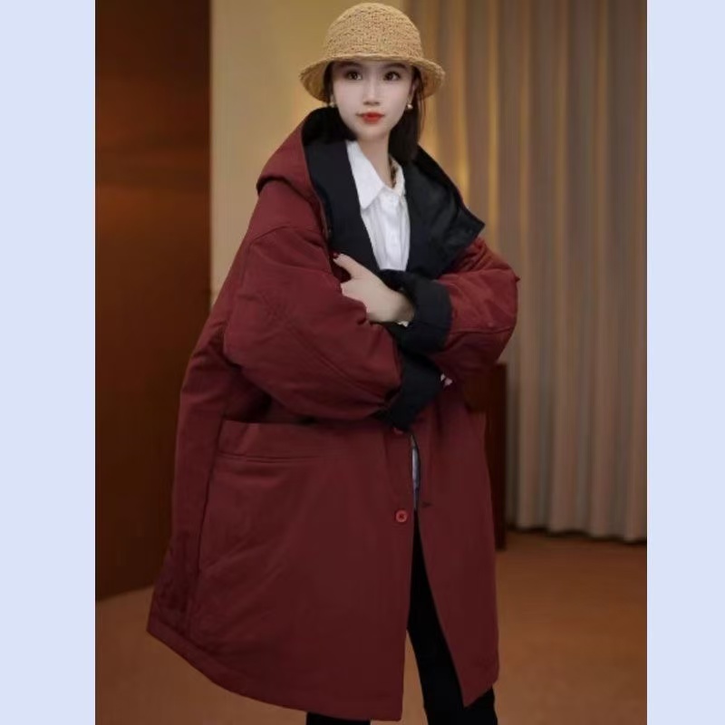1127(安言服饰）新款时尚个性中长款两面穿加厚保暖连帽宽松棉服