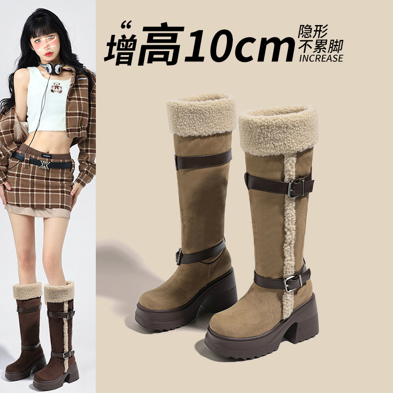 10CM增高跟长筒棉靴女小个子不过膝骑士靴冬季加绒加厚高筒雪地靴